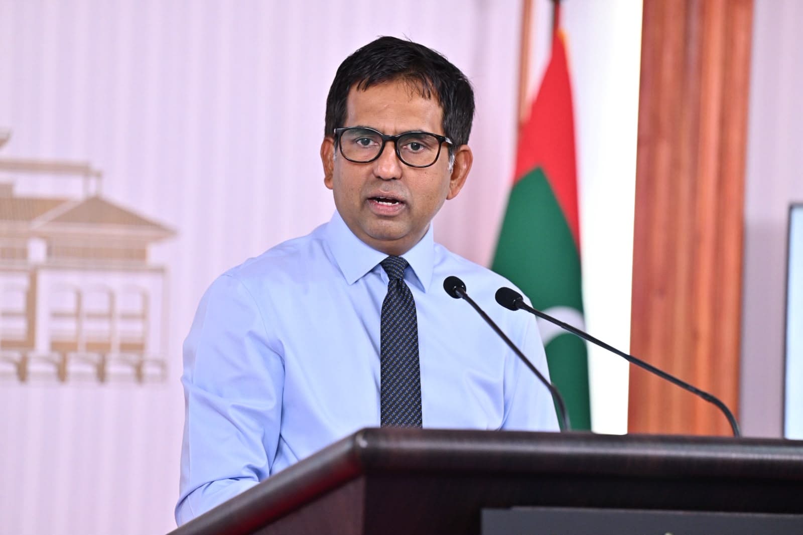 Economic Minister Mohamed Saeed speaks at a press conference at the President’s Office, outlining the Maldives’ plans to sign a Free Trade Agreement with India before the end of the year. | Photo: The President’s Office 